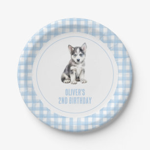 Puppy preppy plaid birthday paper plate