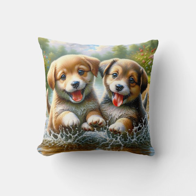 "Puppy Puddle Playtime" Cushion (Front)