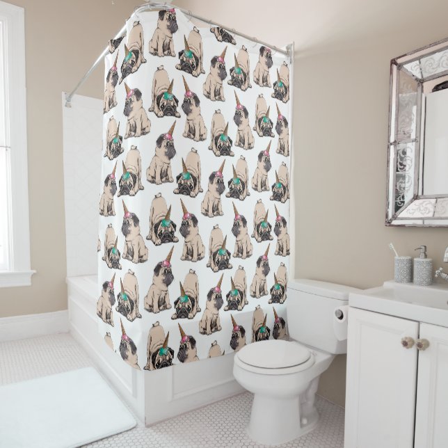 Puppy Pugs | Aspiring Unicorn Pattern Shower Curtain (In Situ)