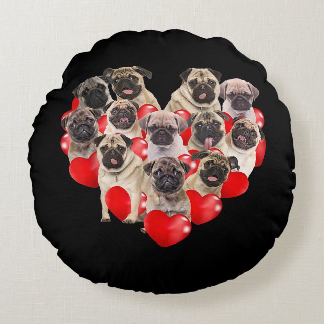 Puppy Pugs Dog Heart | Valentine's Day Gift Round Cushion (Front)