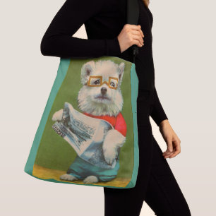 puppy reading the newspaper crossbody bag