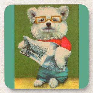 puppy reading the newspaper print coaster