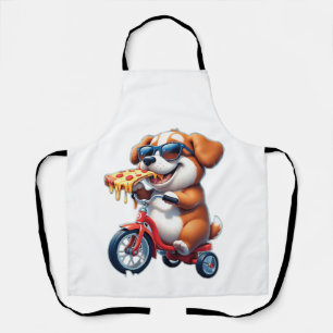 puppy riding a bike eating pizza apron