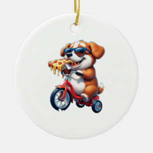puppy riding a bike eating pizza ceramic ornament