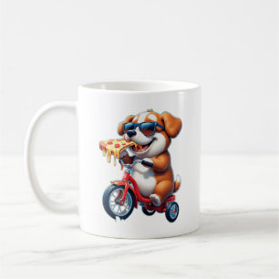 puppy riding a bike eating pizza coffee mug