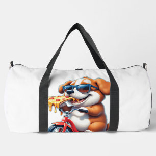 puppy riding a bike eating pizza duffle bag