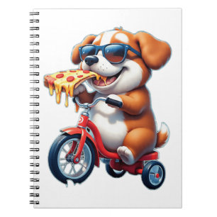 puppy riding a bike eating pizza notebook