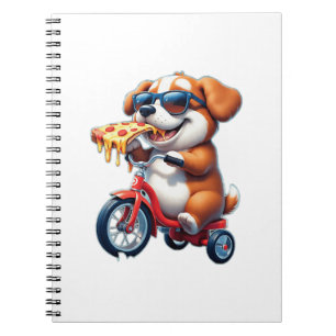 puppy riding a bike eating pizza notebook