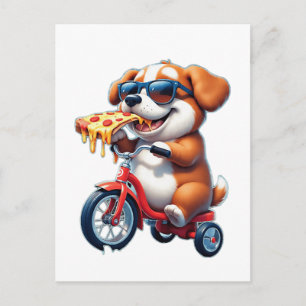 puppy riding a bike eating pizza postcard