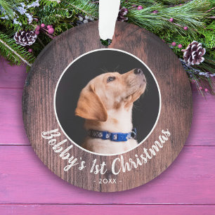 Puppy`s 1st Christmas Dog Pet Photo Pink Wood  Ornament