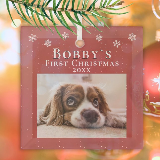 Puppy`s 1st Christmas Red Snowflakes Photo Glass Tree Decoration (Creator Uploaded)