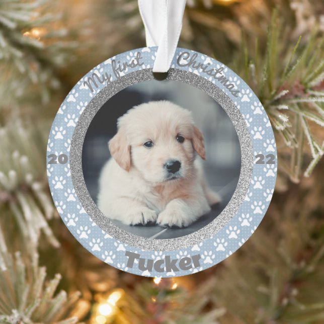 Puppy’s First Christmas Blue Paw Print Ornament (Tree)