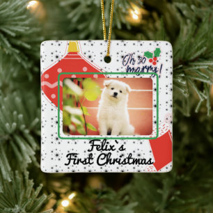 Puppy`s first Christmas custom name photo year Ceramic Ornament
