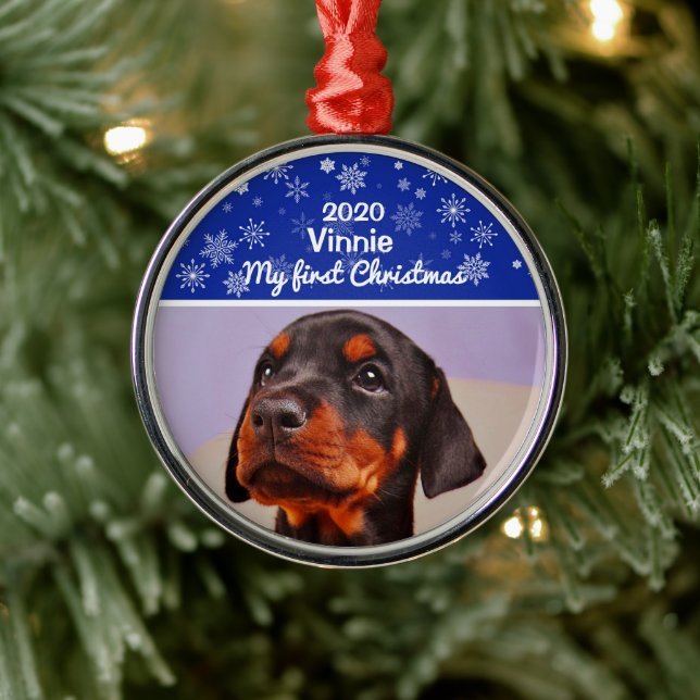Puppy’s First Christmas Photo Metal Ornament (Tree)