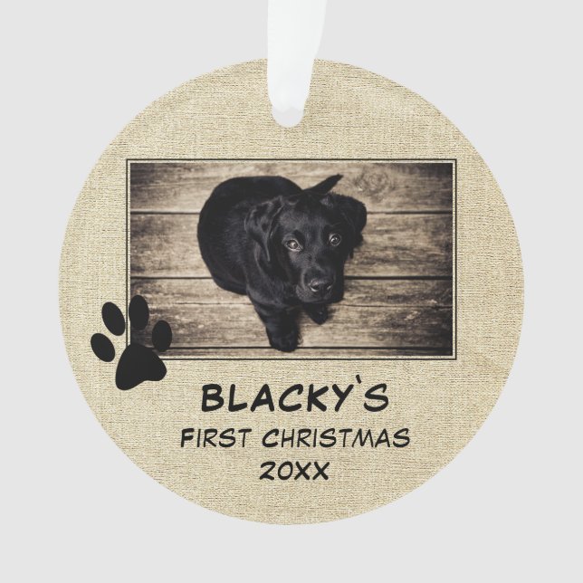 Puppy`s First Christmas Rustic Dog Photo Ornament (Front)