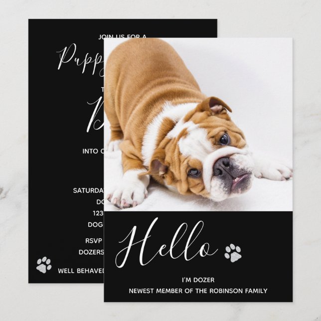 Puppy Shower Party - Elegant Black Modern New Pet Invitation (Front/Back)