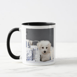 Puppy sitting amongst paint tins mug