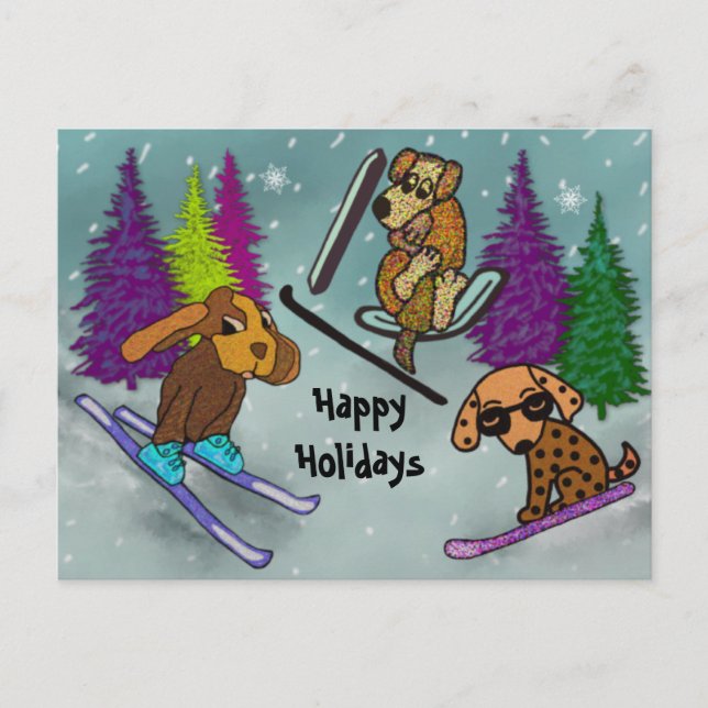 Puppy Ski Vacation Happy Holidays Holiday Postcard (Front)