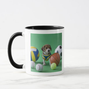 Puppy surrounded by sport balls mug