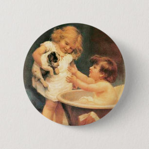 Puppy Taking A Bath Vintage Antique 6 Cm Round Badge