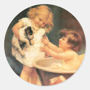 Puppy Taking A Bath Vintage Antique Classic Round Sticker