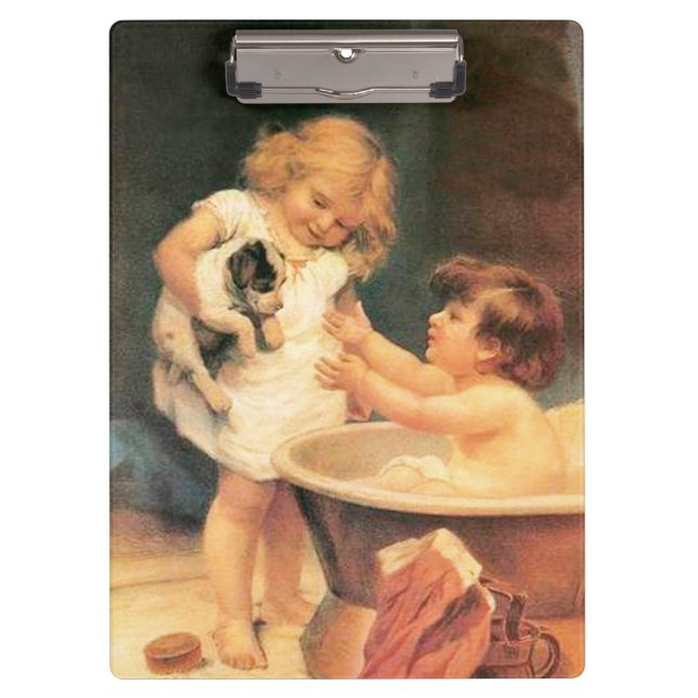 Puppy Taking A Bath Vintage Antique Clipboard (Front)