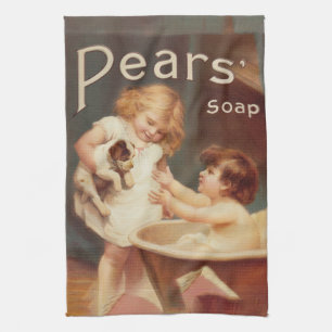 Puppy Taking A Bath Vintage Antique Tea Towel