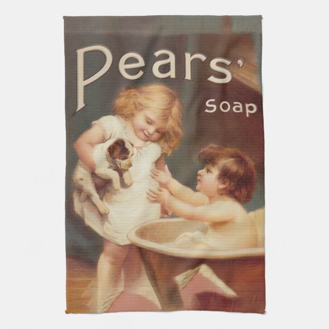 Puppy Taking A Bath Vintage Antique Tea Towel (Vertical)
