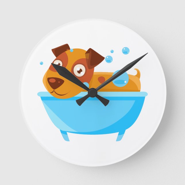 Puppy Taking A Bubble Bath In  Tub Round Clock (Front)