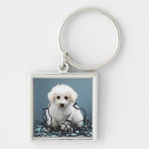 Puppy tangled in Christmas lights Key Ring