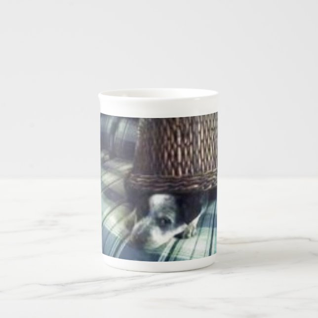 Puppy under basket bone china mug (Front)
