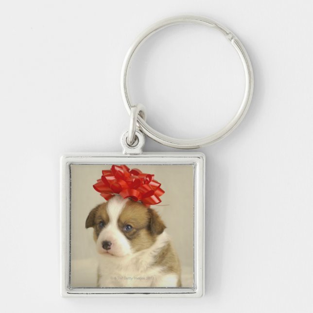 Puppy wearing a red bow key ring (Front)