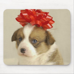 Puppy wearing a red bow mouse pad