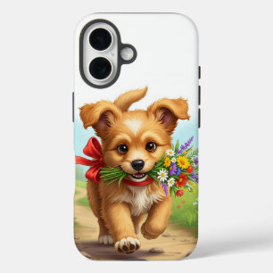 Puppy wearing bow delivering flowers birthday iPhone 16 case