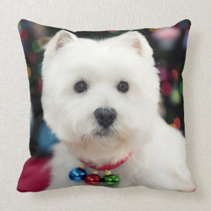 Puppy wearing Christmas bell on neck Cushion