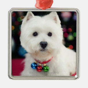 Puppy wearing Christmas bell on neck Metal Tree Decoration