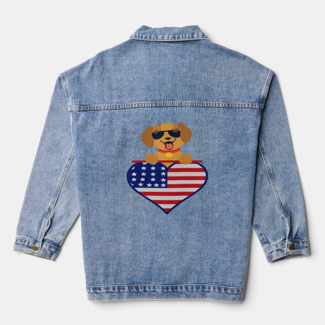 Puppy Wearing Sunglasses USA Flag Heart Womens Denim Jacket (Back)