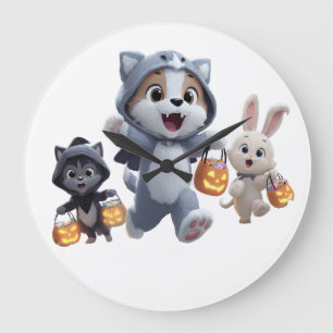 Puppy Werewolf and Friends Trick-or-Treating Large Clock