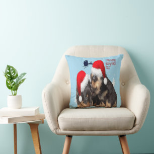 Puppy White Christmas With Santa Claus Sleigh  Cushion