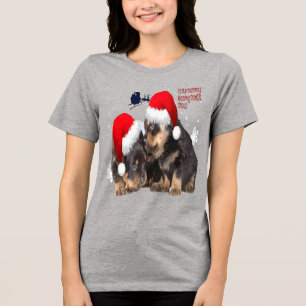 Puppy White Christmas With Santa Claus Sleigh Tri-Blend Shirt