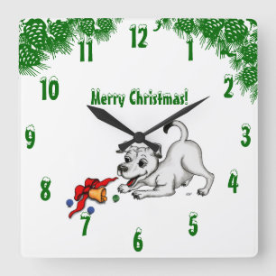 Puppy with Bell and Ball , Merry Christmas! Square Wall Clock