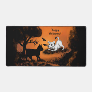 Puppy with Black Cat and Bat , Happy Halloween! Desk Mat
