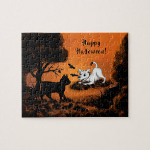 Puppy with Black Cat and Bat , Happy Halloween! Jigsaw Puzzle