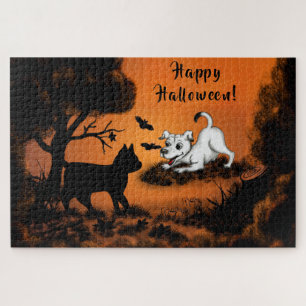 Puppy with Black Cat and Bat , Happy Halloween! Jigsaw Puzzle