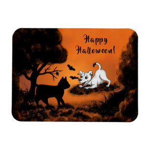 Puppy with Black Cat and Bat , Happy Halloween! Magnet