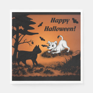 Puppy with Black Cat and Bat , Happy Halloween! Napkin