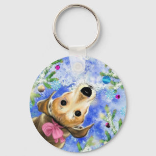 Puppy With Pink Ribbon - Cute Key Ring