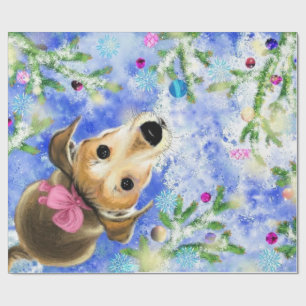 Puppy With Pink Ribbon - Merry Christmas Wrapping Paper