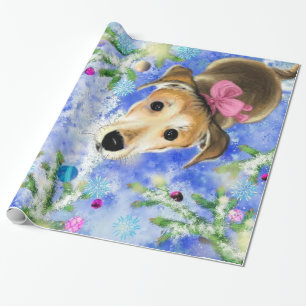 Puppy With Pink Ribbon - Merry Christmas - Wrapping Paper