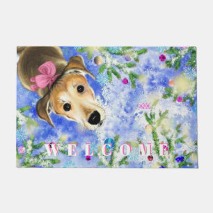 Puppy With Pink Ribbon - Welcome Doormat